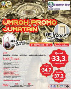 Paket Umrah Promo Jum'atain, Plus thaif + Badar, Plus Cable Car , 15 hari , Btt Ahz , Keberangkatan 21 September 2025
